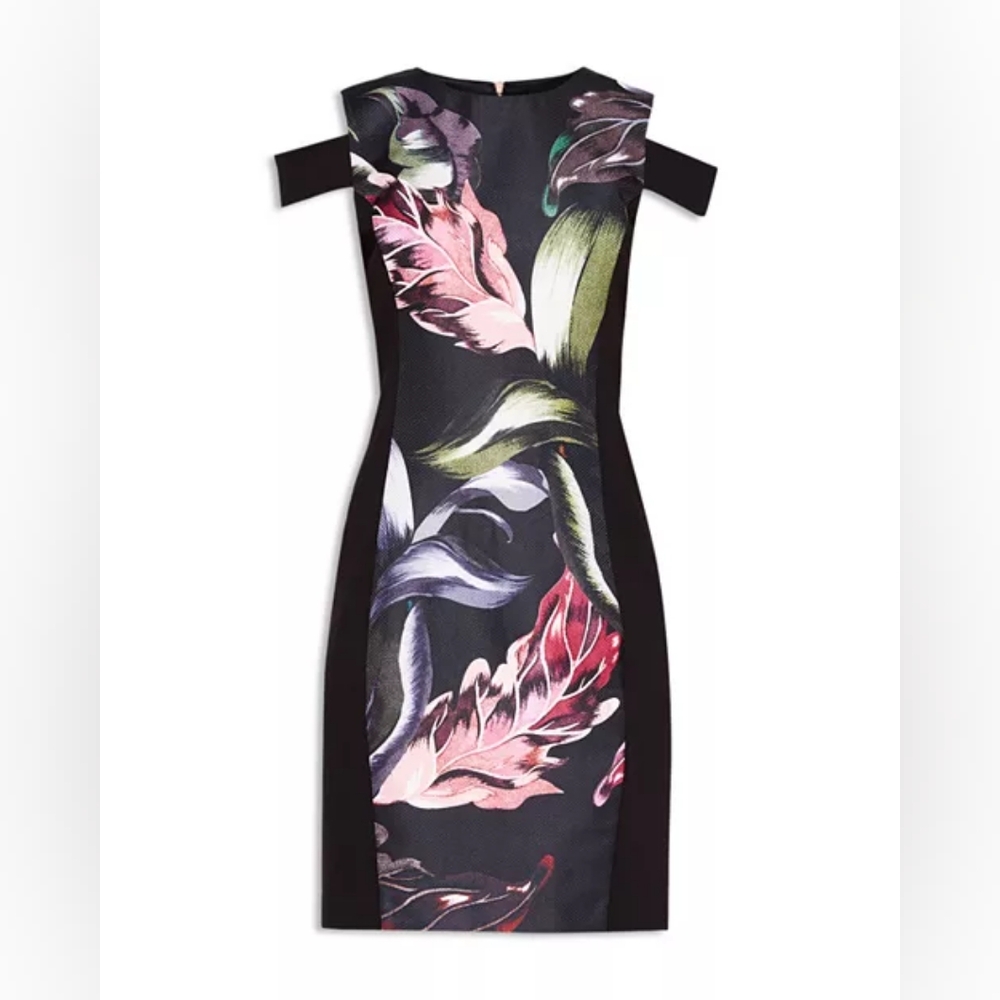 Black Floral Cold-Shoulder Sheath Dress - Picture 13 of 13